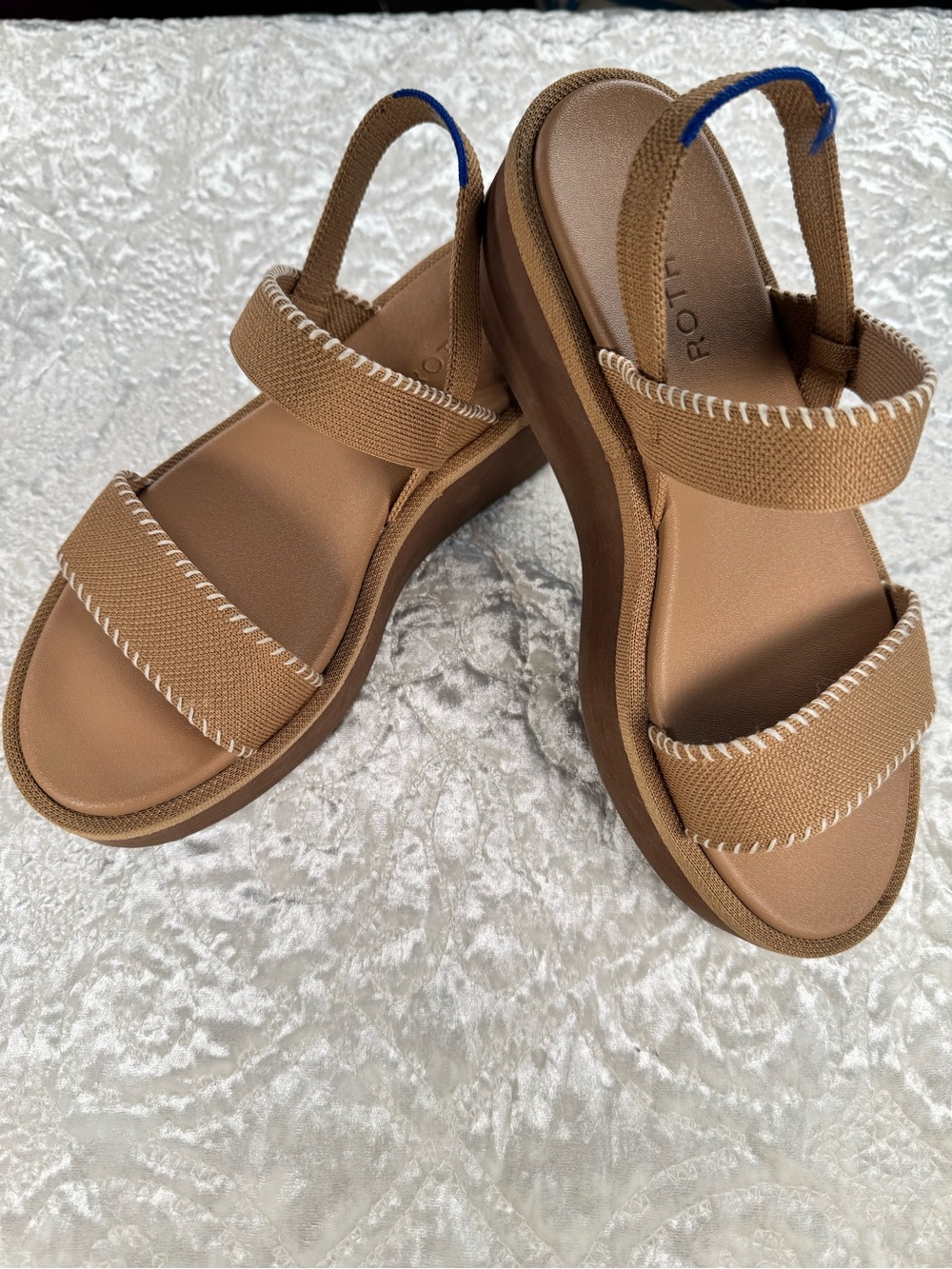 Rothy's Tan Slingback Platform Sandals with White Stitching worn once